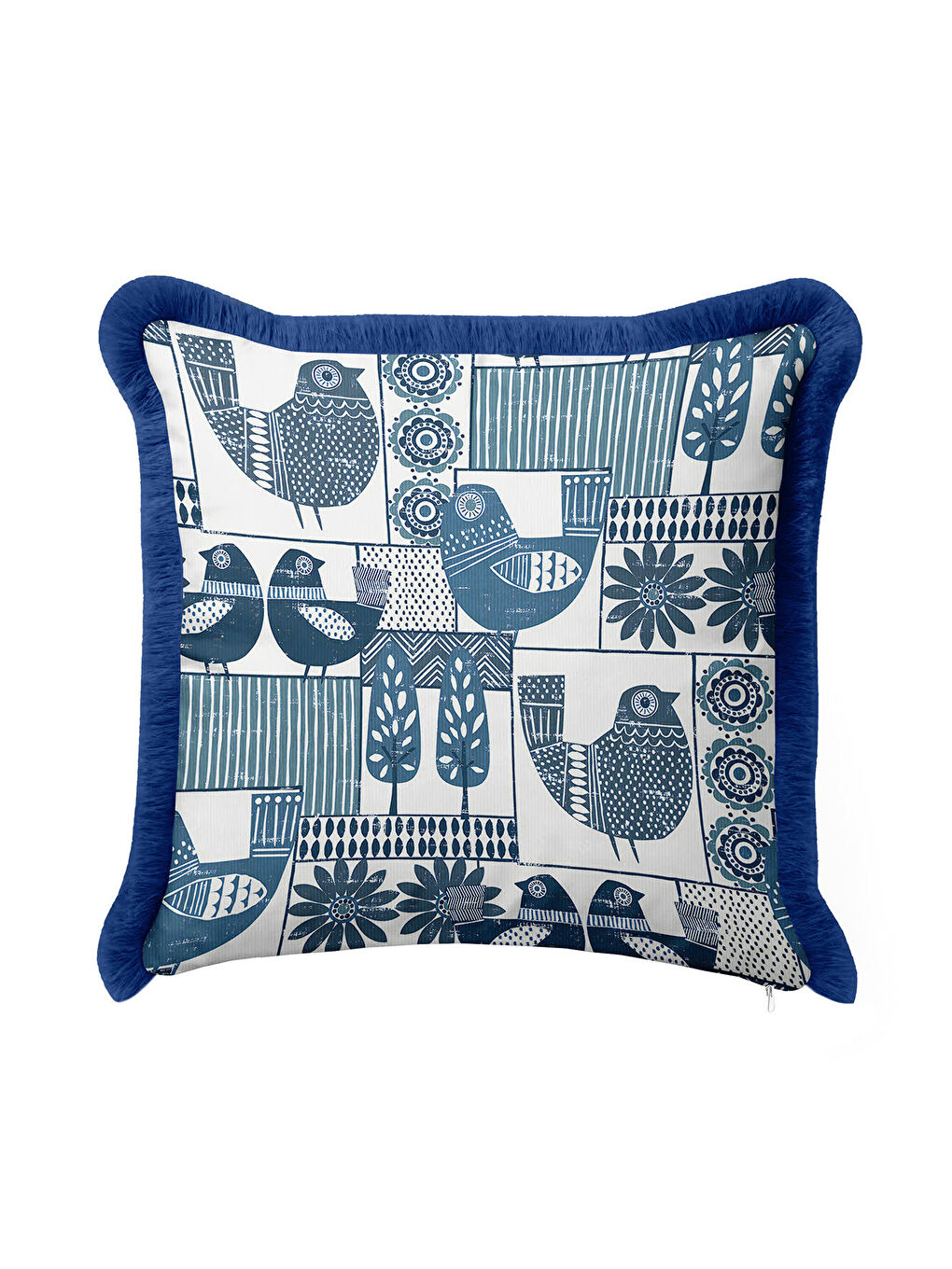 Karışık Modern Kuş Figürlü Saçaklı Yastık Kılıfı - İskandinav Doğal Mavi Püsküllü Kırlent Kılıfı-3