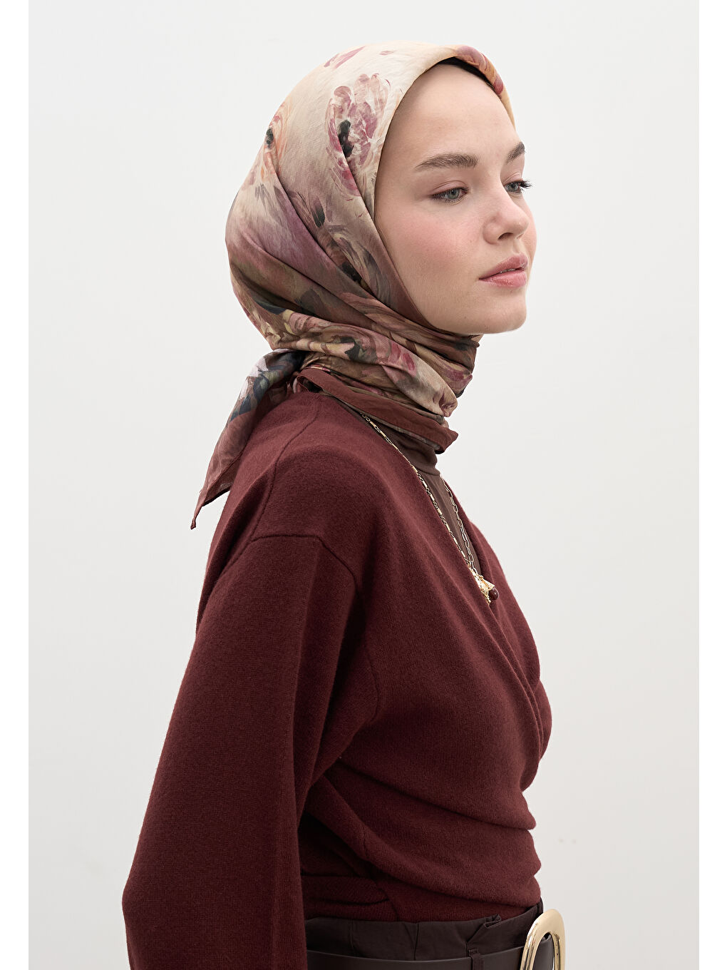 Kahverengi Marıelle Desen Pamuklu Viskon Eşarp Ağaç Kabuğu-3