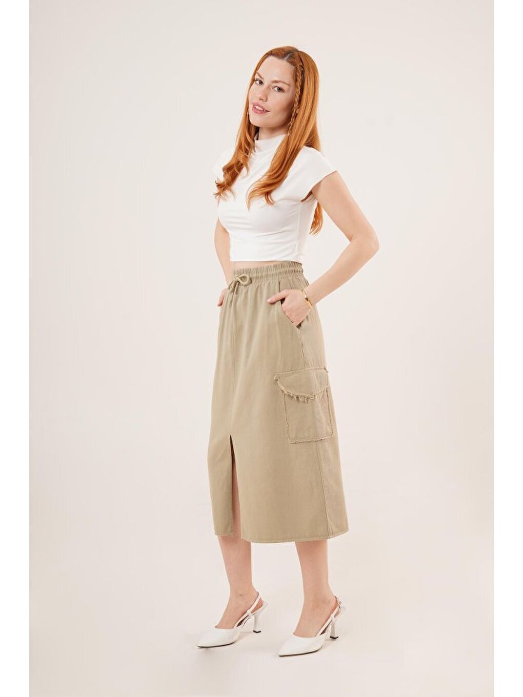 Ön Yırtmaçlı Cep Detaylı Haki Etek-3