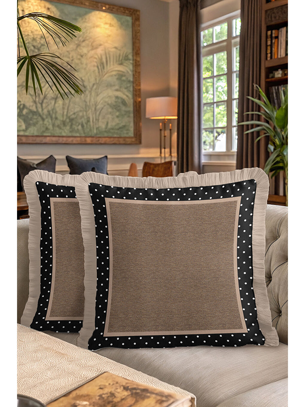 Karışık Zarif Puantiye Kenarlı Saçaklı Yastık Kılıfı - Country Modern Siyah Bej Püsküllü Kırlent Kılıfı-7