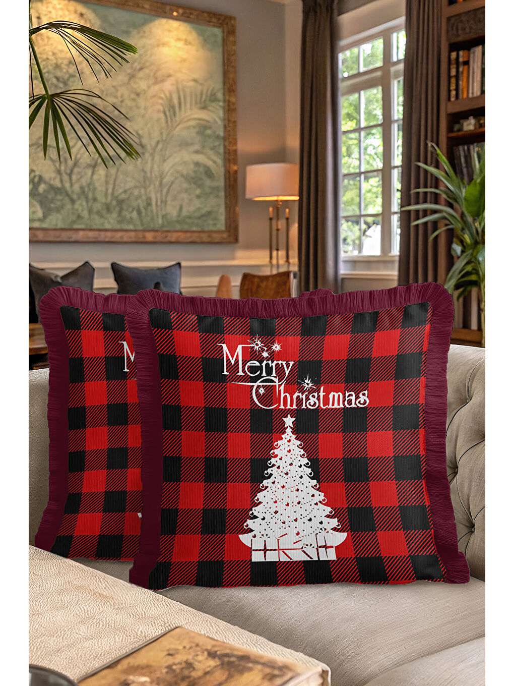 Karışık Kırmızı Ekose Saçaklı Yastık Kılıfı - Kış Temalı Modern Beyaz Siyah Püsküllü Kırlent Kılıfı-7