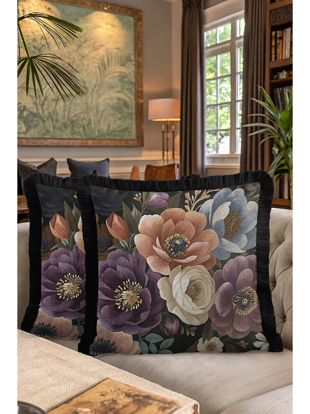 Karışık Zengin Çiçek Bahçesi Saçaklı Yastık Kılıfı - Bohem Lüks Siyah Altın Renkli Püsküllü Kırlent Kılıfı-7