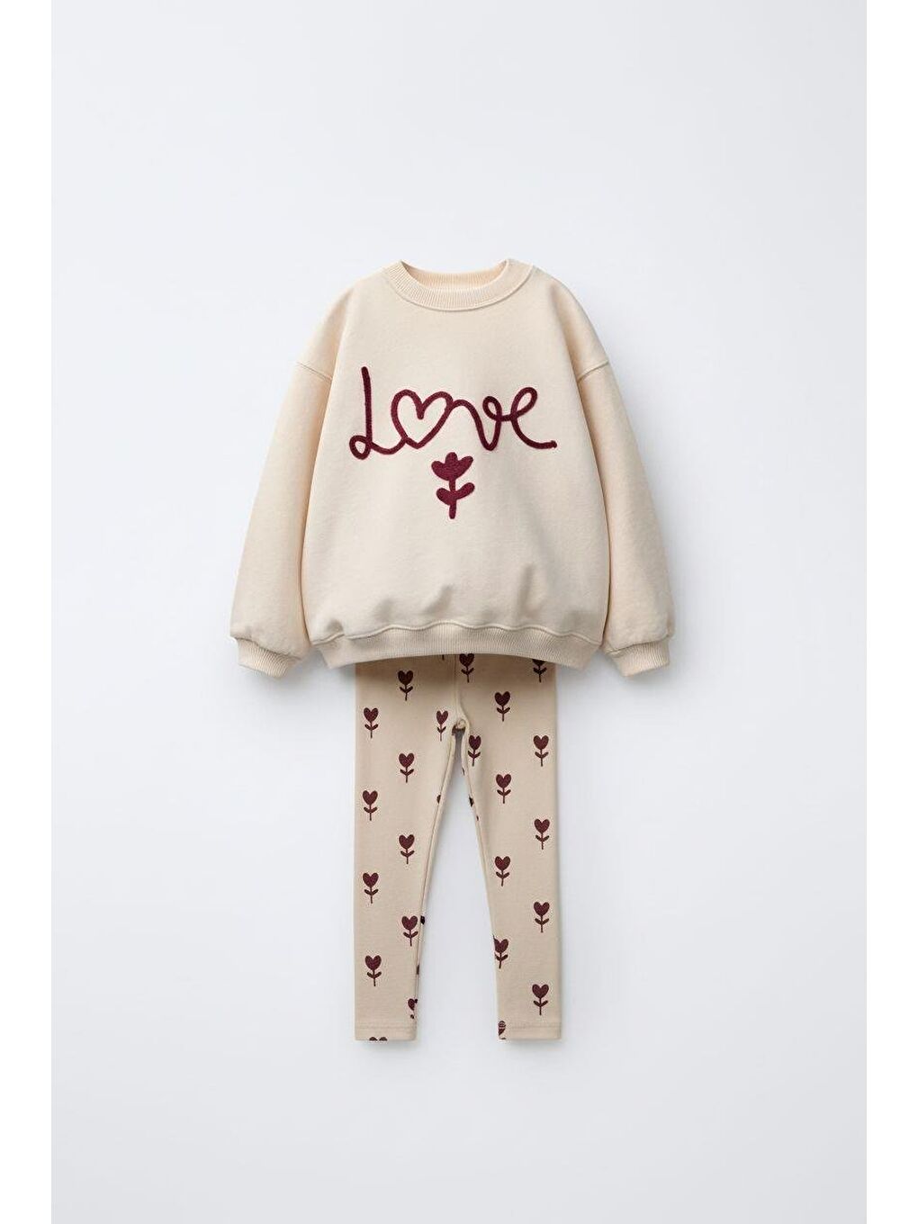 Bej Kız Çocuk Pamuklu Krem Kalp-Çiçek Desenli Sweatshirt & Tayt Takım