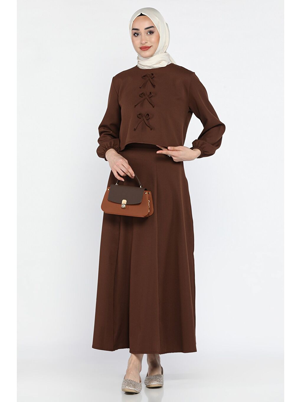 Kahverengi Fiyonklu Bluz Etek Tesettür İkili Takım-1
