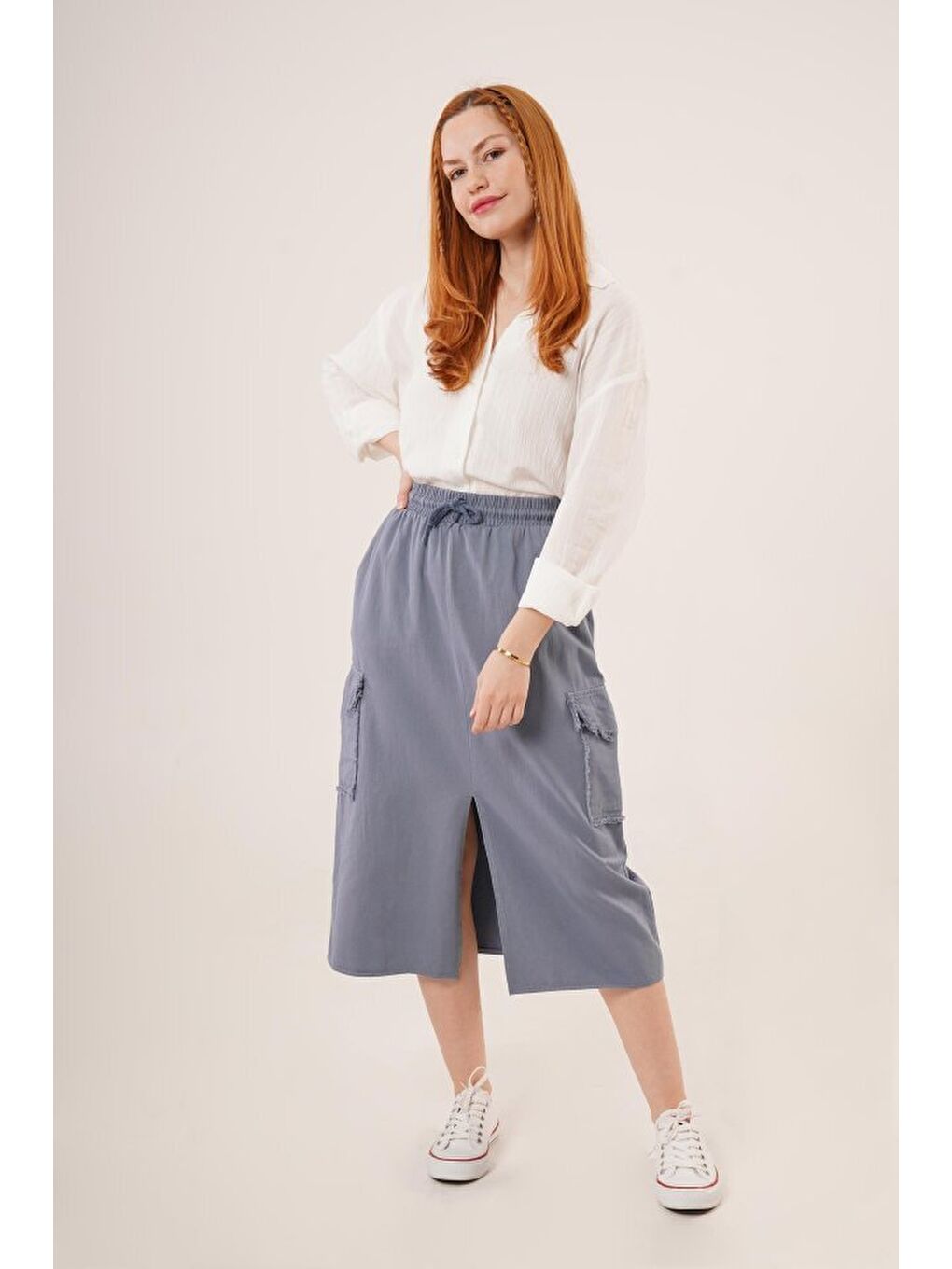 Ön Yırtmaçlı Cep Detaylı İndigo Etek-1