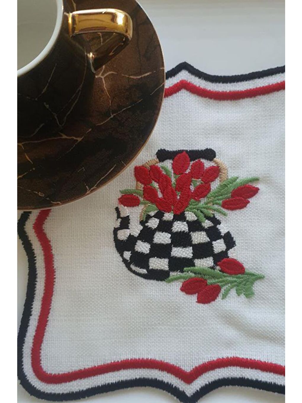 Karışık Çaycım Nakışlı Keten Kare Bardak Altlığı Seti 6 Lı-1