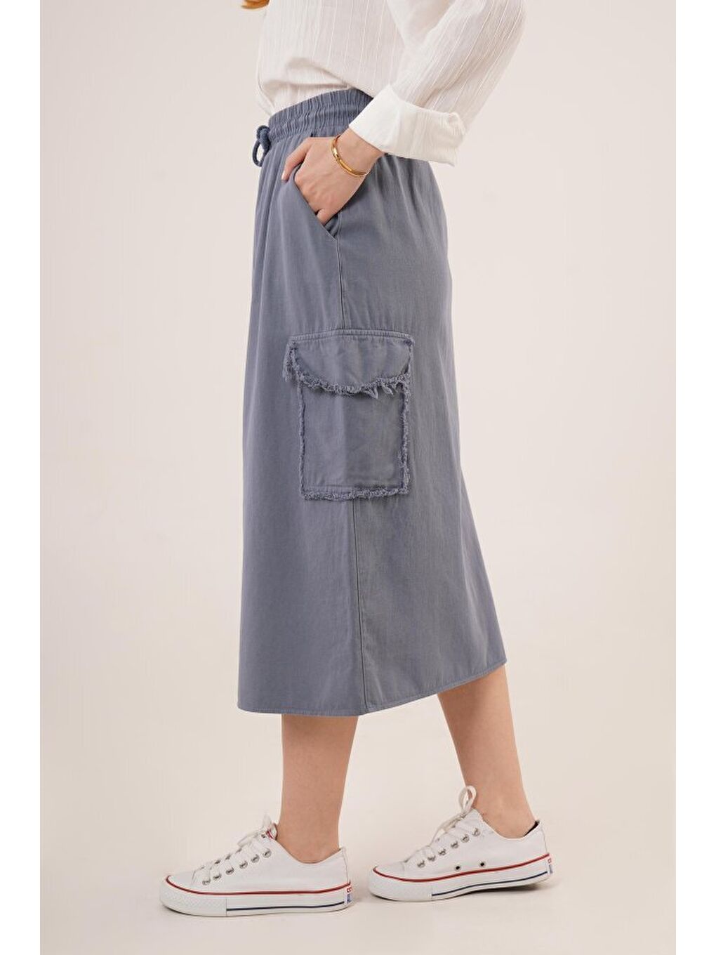 Ön Yırtmaçlı Cep Detaylı İndigo Etek-2