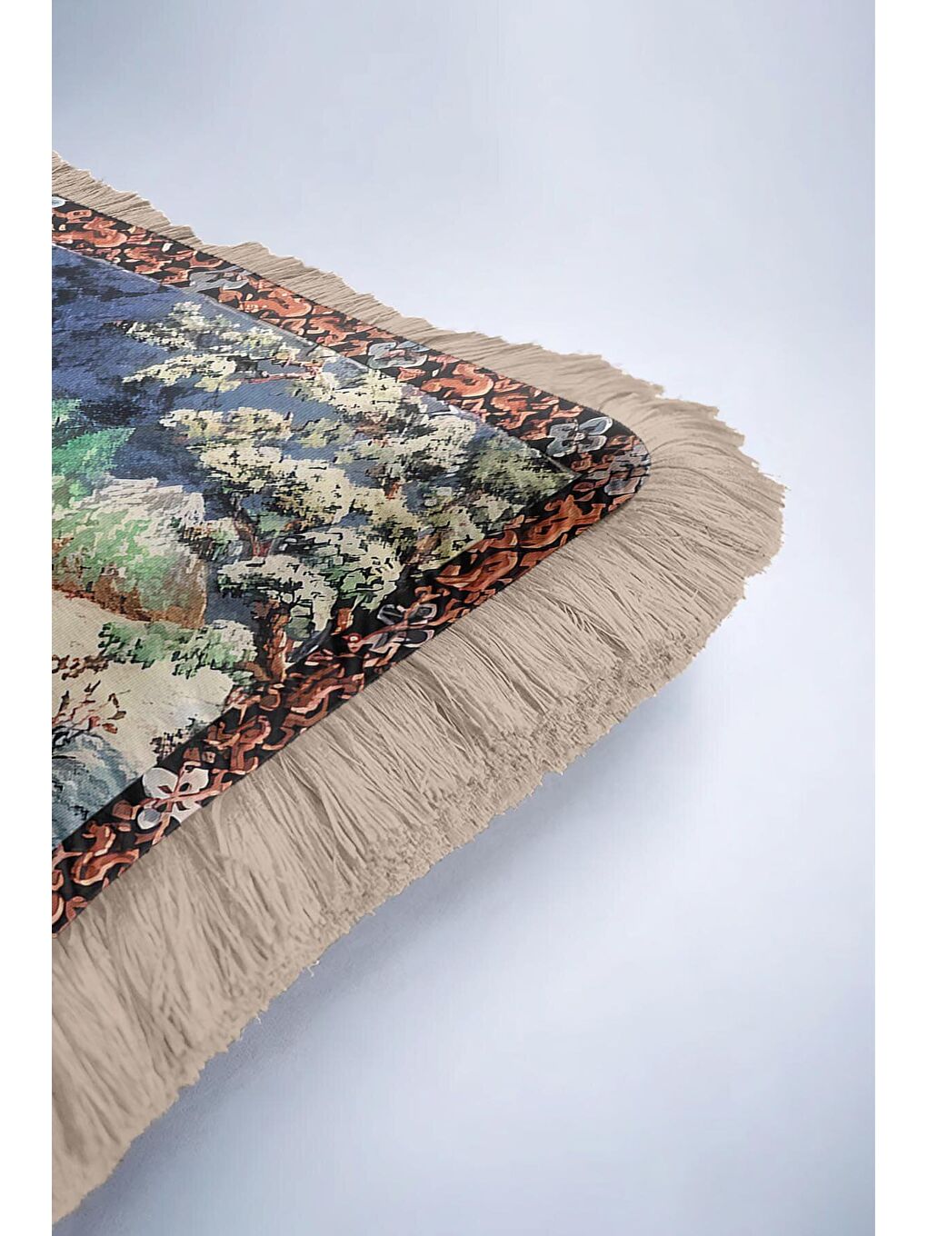 Karışık Lüks Orman Manzaralı Saçaklı Yastık Kılıfı - Geyik Figürlü Rustik Bej Püsküllü Kırlent Kılıfı-6