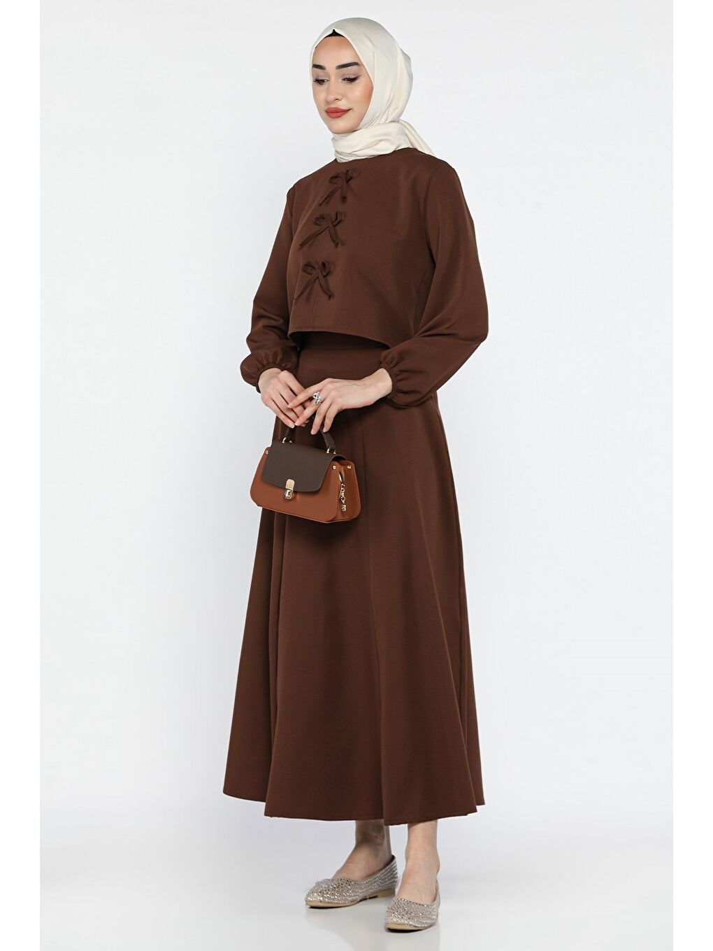 Kahverengi Fiyonklu Bluz Etek Tesettür İkili Takım-3