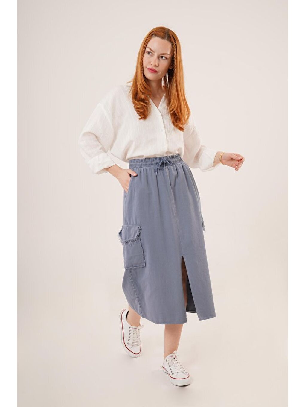 Ön Yırtmaçlı Cep Detaylı İndigo Etek-3