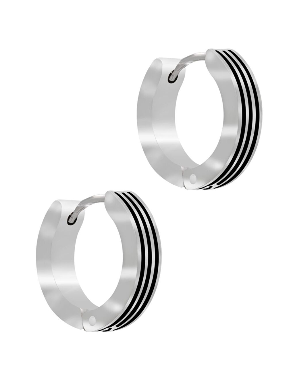 Gri Erkek Siyah Şerit Detaylı Halka Model Çelik Küpe-1