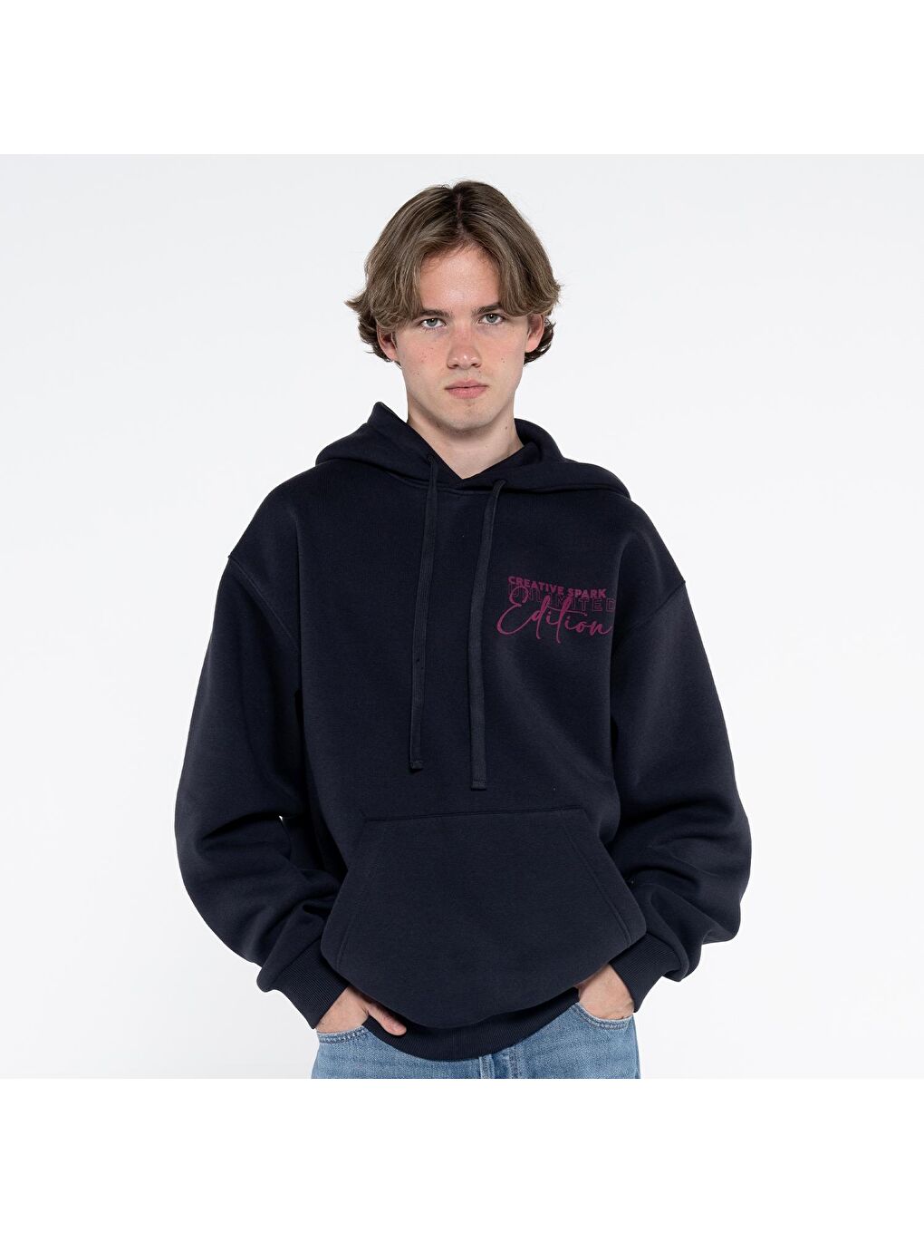 Friday Offset Koyu Mavi Teo Erkek Koyu Mavi Kanguru Cepli Kapüşonlu Oversize Sweatshirt Hoodie