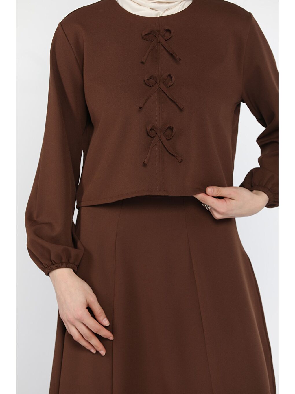 Kahverengi Fiyonklu Bluz Etek Tesettür İkili Takım-7