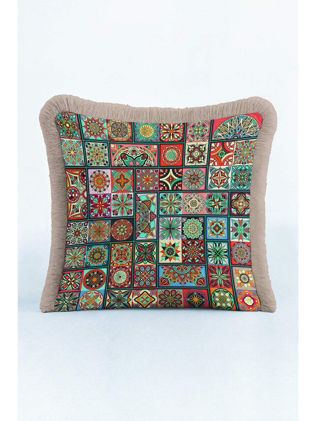 Karışık Mozaik Patchwork Saçaklı Yastık Kılıfı - Mandala Etnik Enerjik Mavi Püsküllü Kırlent Kılıfı