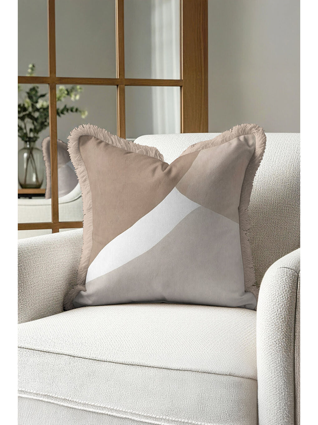 Karışık Lüks Geometrik Saçaklı Yastık Kılıfı - Modern Minimal Bej Gri Püsküllü Kırlent Kılıfı
