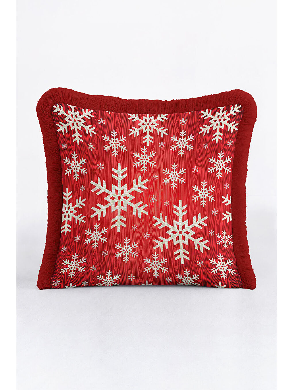Karışık Kış Temalı Kar Tanesi Saçaklı Yastık Kılıfı - Kırmızı Yeni Yıl Rustik Beyaz Püsküllü Kırlent Kılıfı-2