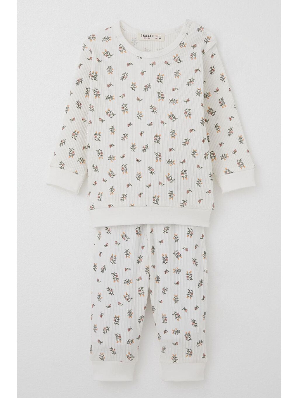 Kız Bebek Pijama Takımı Omuzdan Patlı Çiçek Desenli Ekru (4-9 Ay)