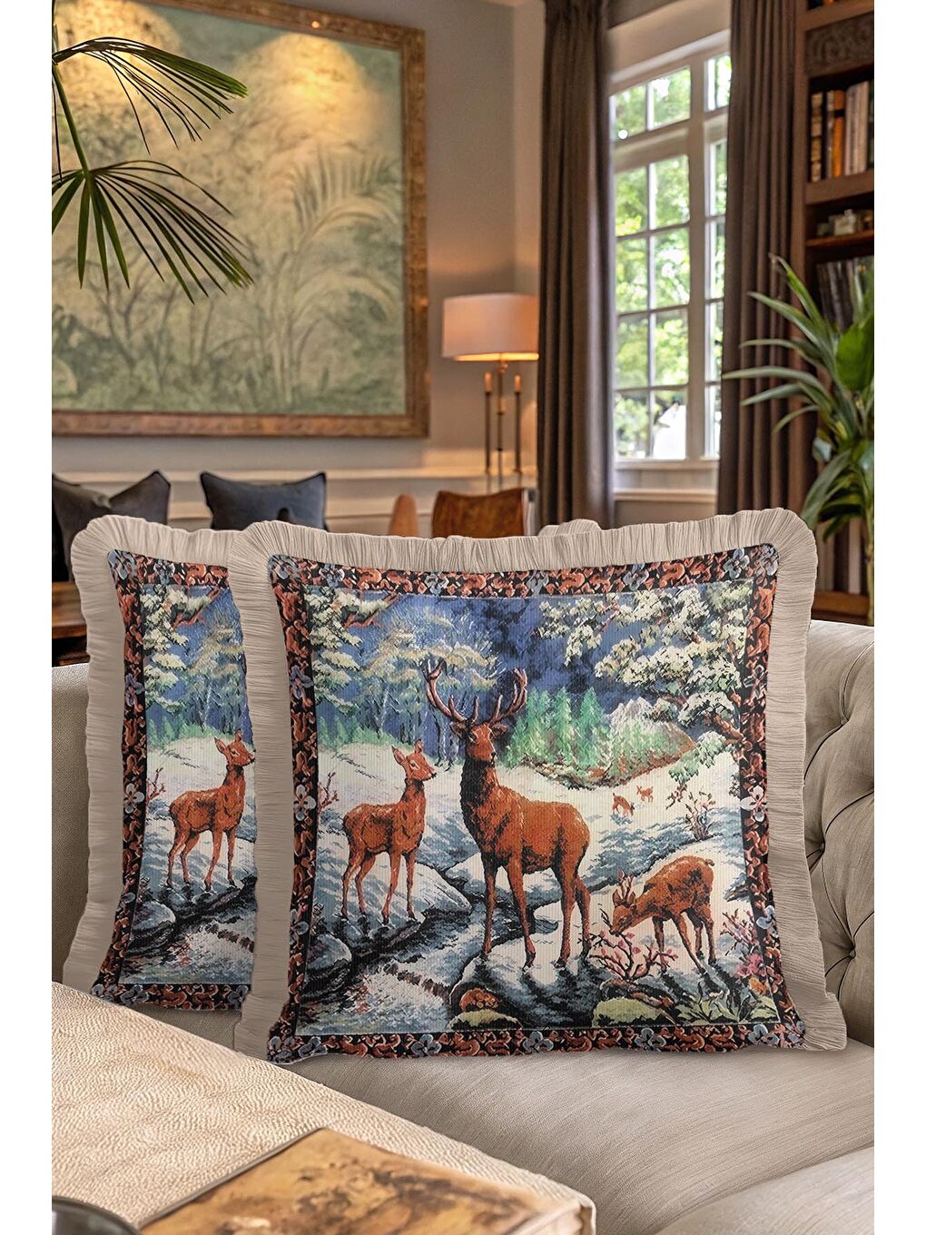 Karışık Lüks Orman Manzaralı Saçaklı Yastık Kılıfı - Geyik Figürlü Rustik Bej Püsküllü Kırlent Kılıfı-7