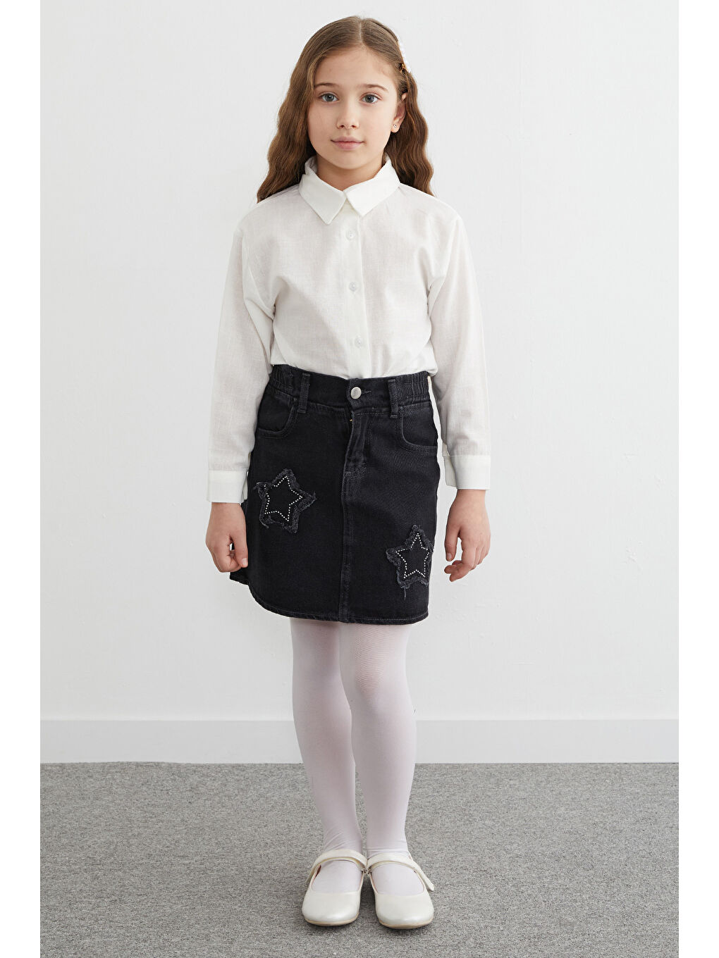 Siyah Beli Lastikli Yıldız Nakışlı Taşlı Kız Çocuk Jean Etek