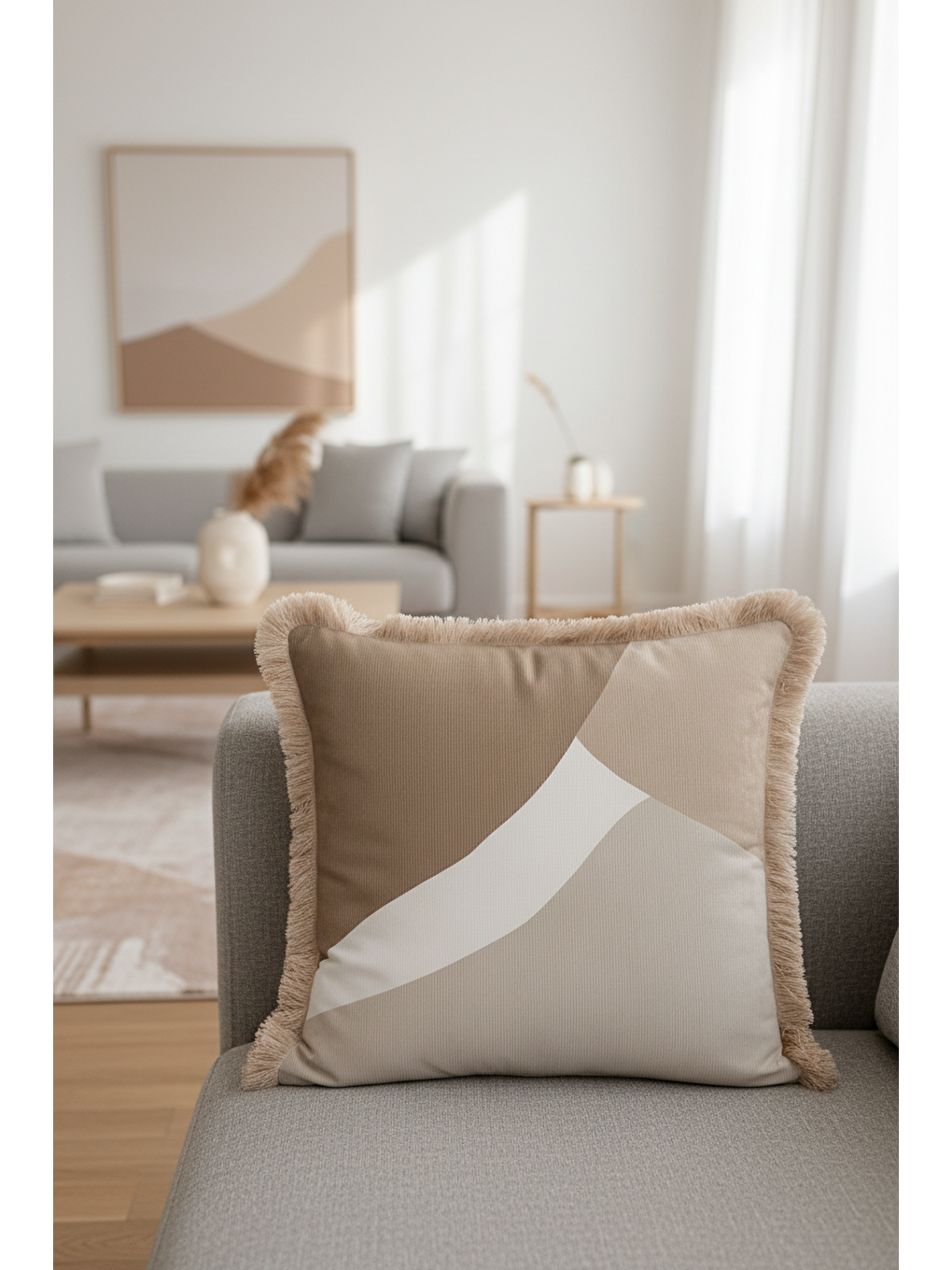 Karışık Lüks Geometrik Saçaklı Yastık Kılıfı - Modern Minimal Bej Gri Püsküllü Kırlent Kılıfı-1