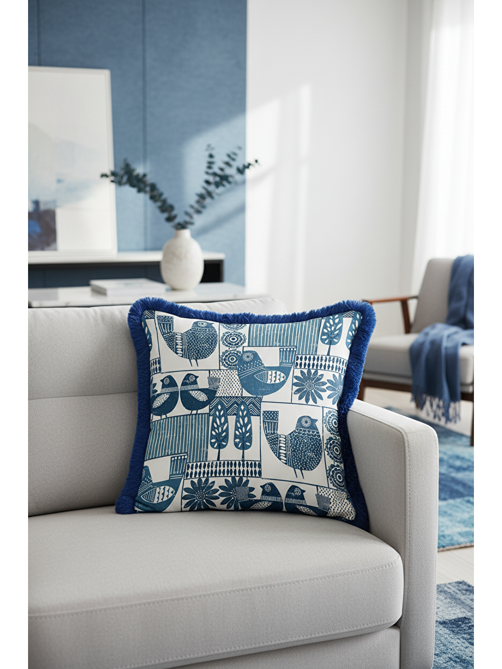 Karışık Modern Kuş Figürlü Saçaklı Yastık Kılıfı - İskandinav Doğal Mavi Püsküllü Kırlent Kılıfı-4