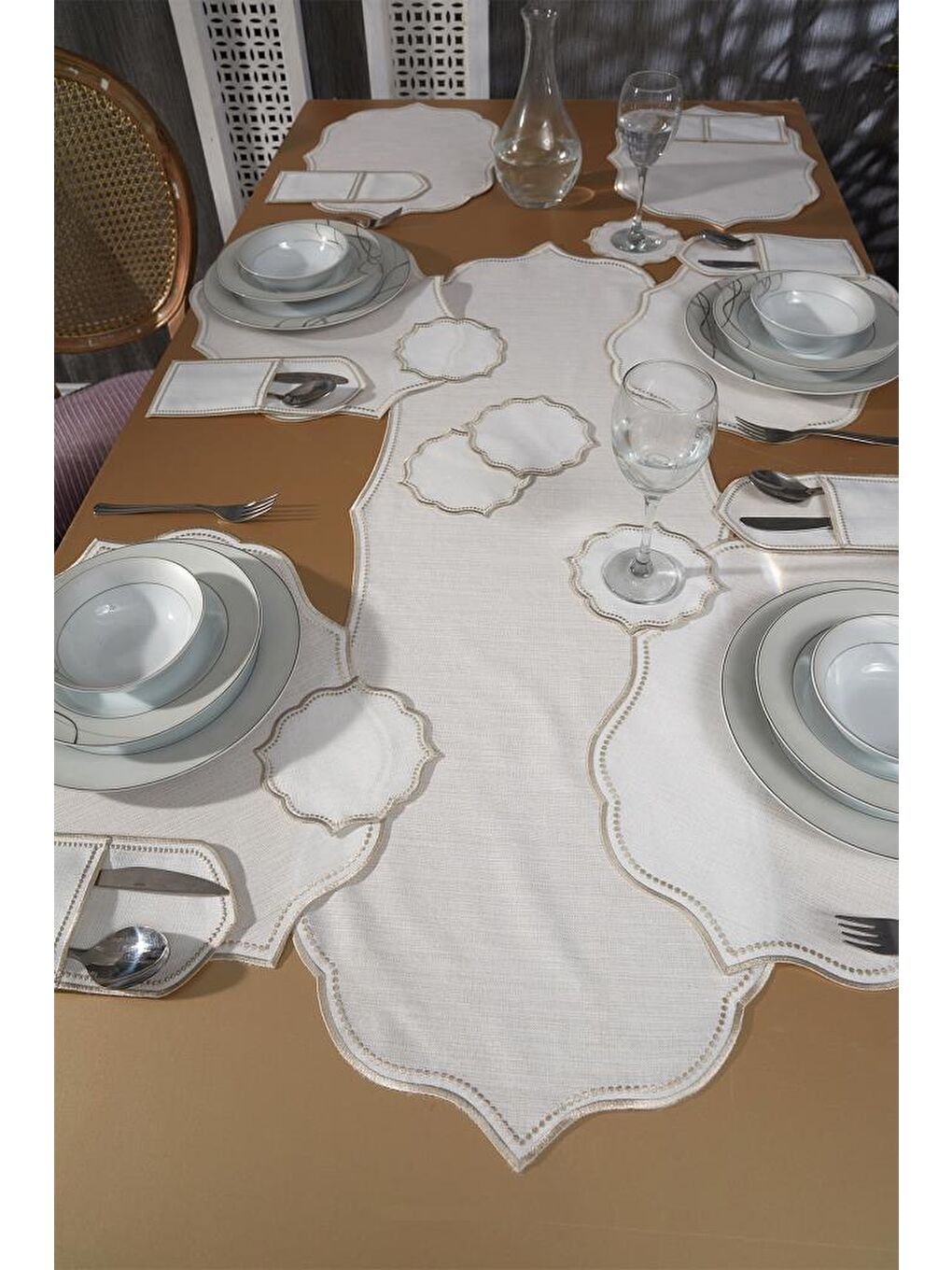 Damla Keten Nakışlı Amerikan Servis Takımı 19 Parça Bej-2