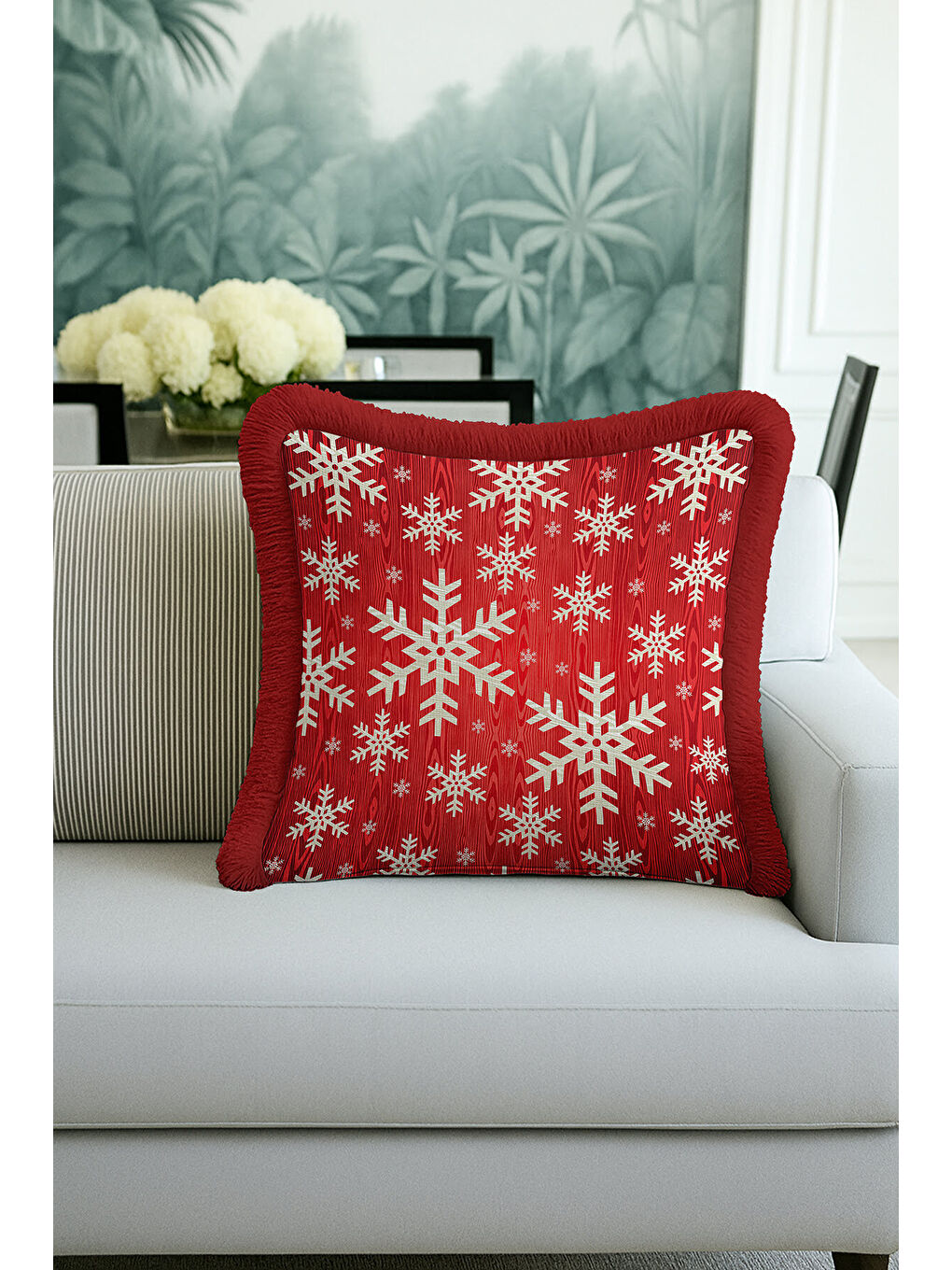 Karışık Kış Temalı Kar Tanesi Saçaklı Yastık Kılıfı - Kırmızı Yeni Yıl Rustik Beyaz Püsküllü Kırlent Kılıfı-3