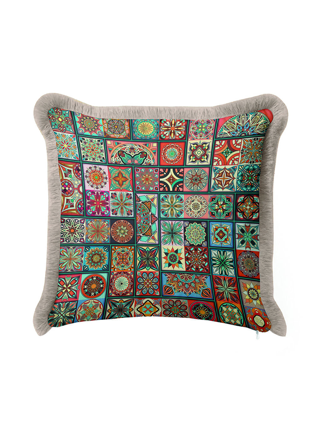 Karışık Mozaik Patchwork Saçaklı Yastık Kılıfı - Mandala Etnik Enerjik Mavi Püsküllü Kırlent Kılıfı-1