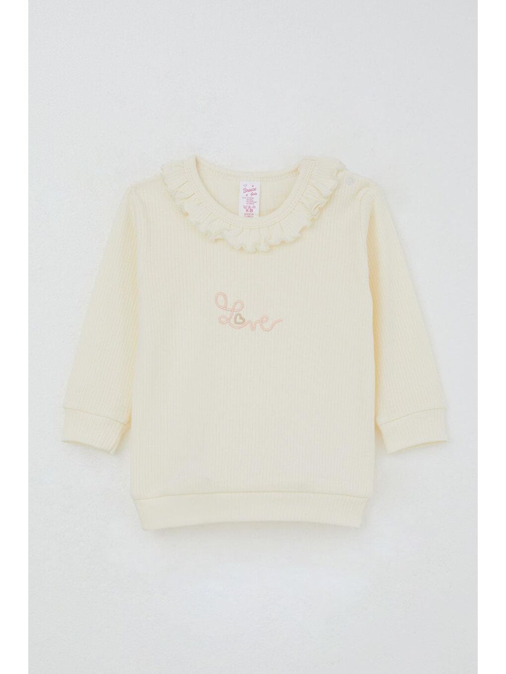 Ekru Kız Bebek Pijama Takımı Omuzdan Patlı Yaka Kısmı Fırfırlı Yazı Nakışlı Krem (4 Ay-1 Yaş)-1