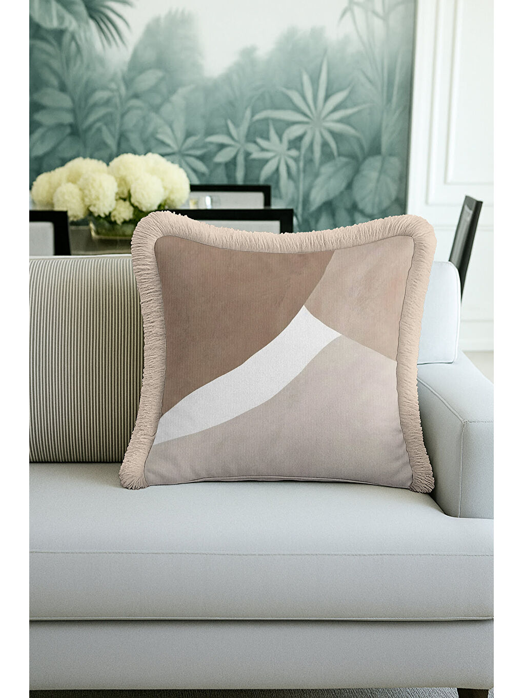 Karışık Lüks Geometrik Saçaklı Yastık Kılıfı - Modern Minimal Bej Gri Püsküllü Kırlent Kılıfı-3