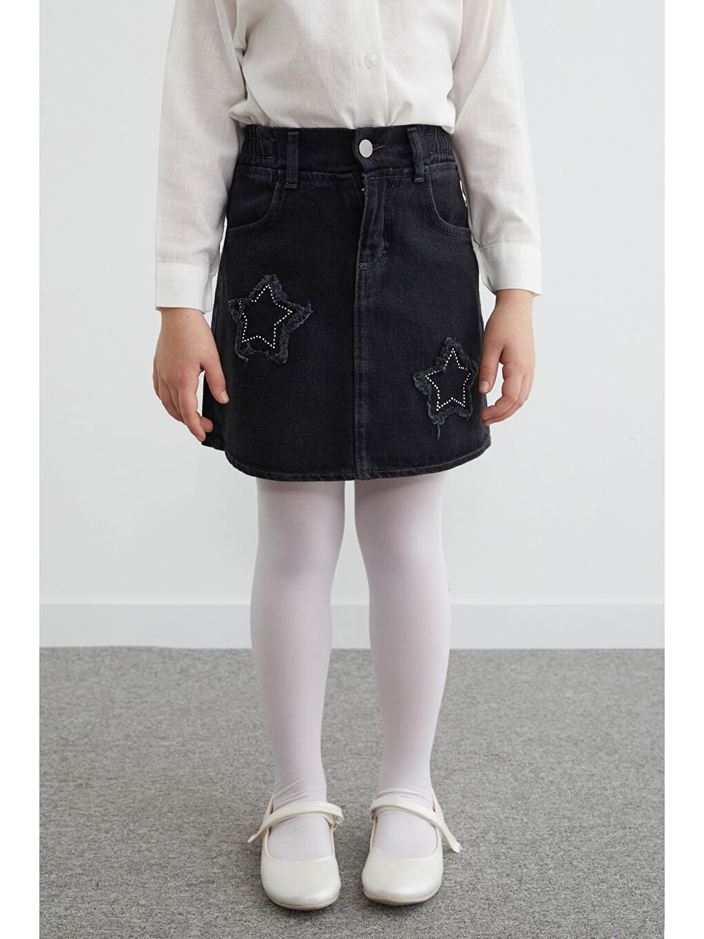 Siyah Beli Lastikli Yıldız Nakışlı Taşlı Kız Çocuk Jean Etek-2
