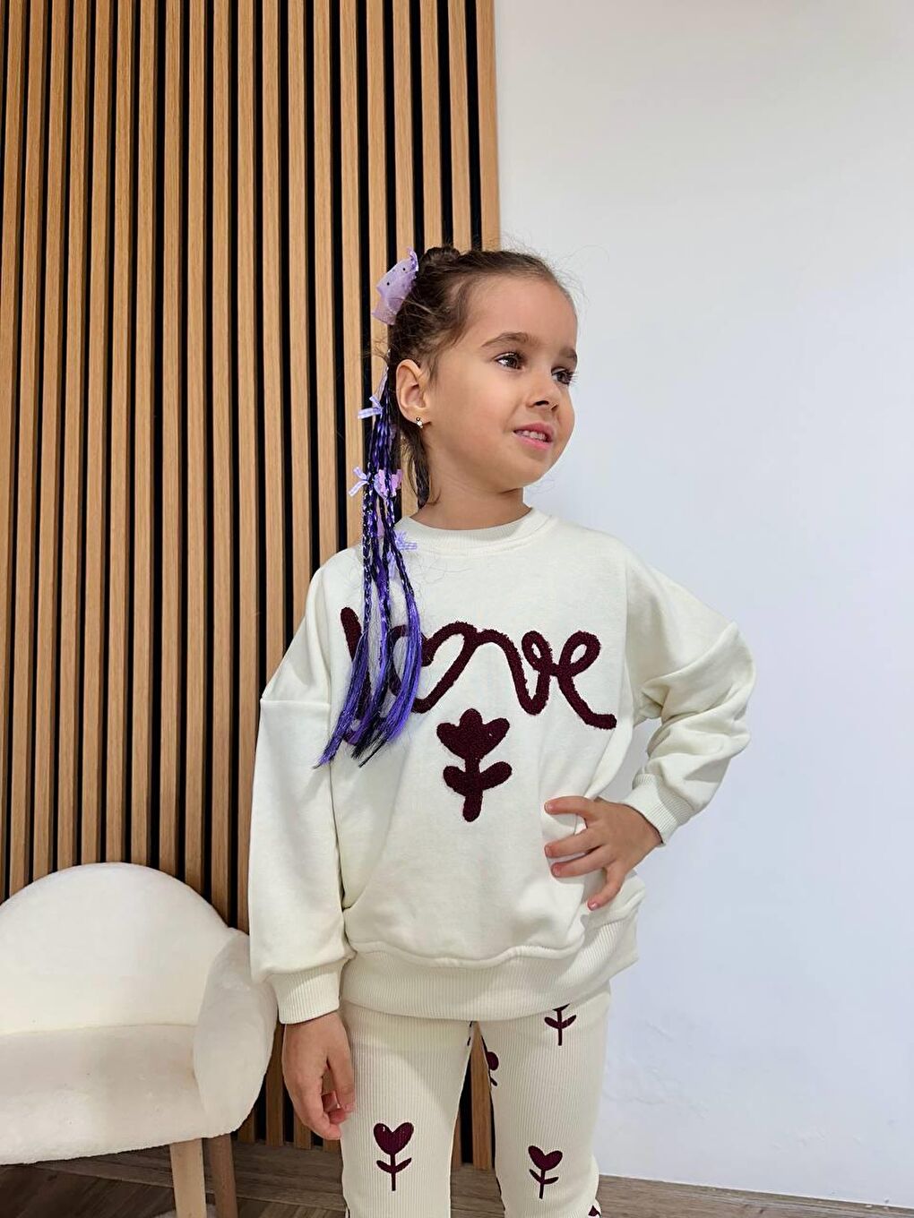 Bej Kız Çocuk Pamuklu Krem Kalp-Çiçek Desenli Sweatshirt & Tayt Takım-8