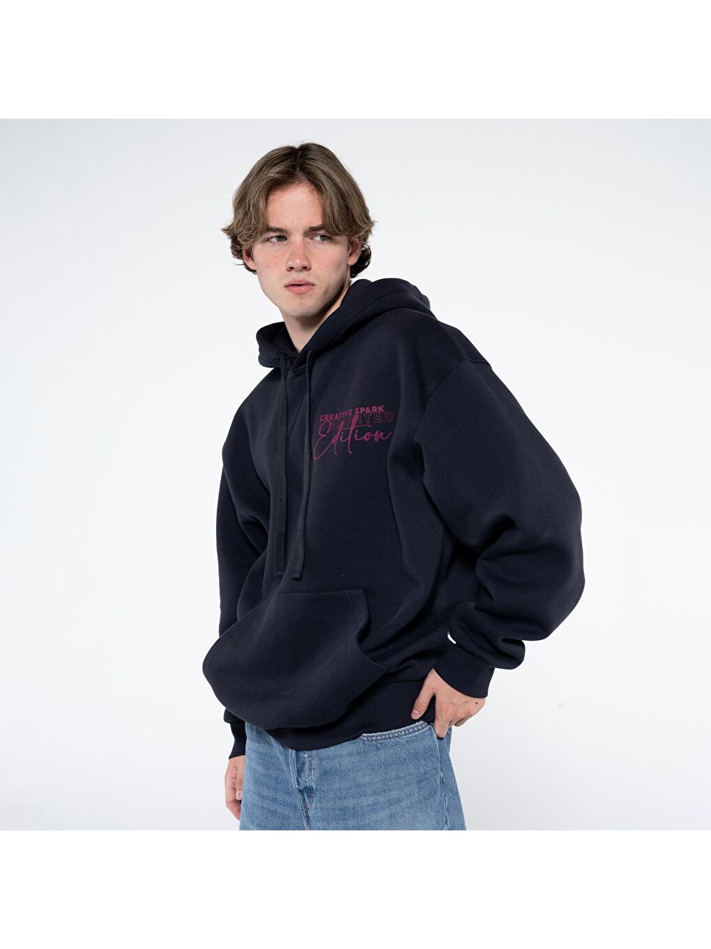 Friday Offset Koyu Mavi Teo Erkek Koyu Mavi Kanguru Cepli Kapüşonlu Oversize Sweatshirt Hoodie - 2