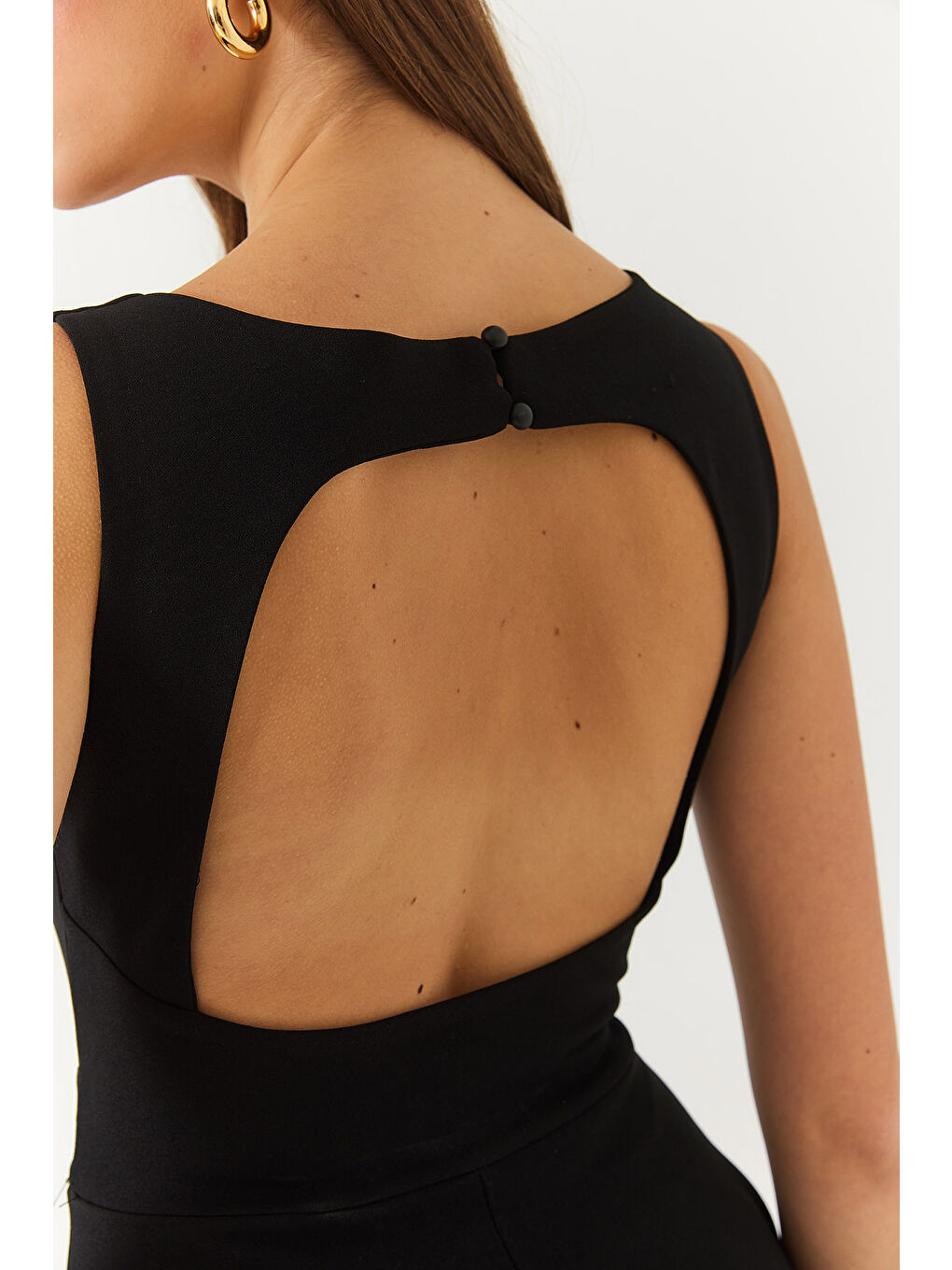 Siyah Kadın V Yaka Sırt Dekolteli Mini Elbise-5