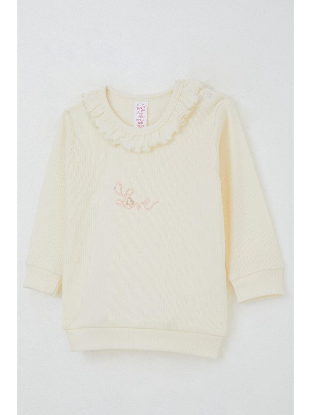 Ekru Kız Bebek Pijama Takımı Omuzdan Patlı Yaka Kısmı Fırfırlı Yazı Nakışlı Krem (4 Ay-1 Yaş)-4