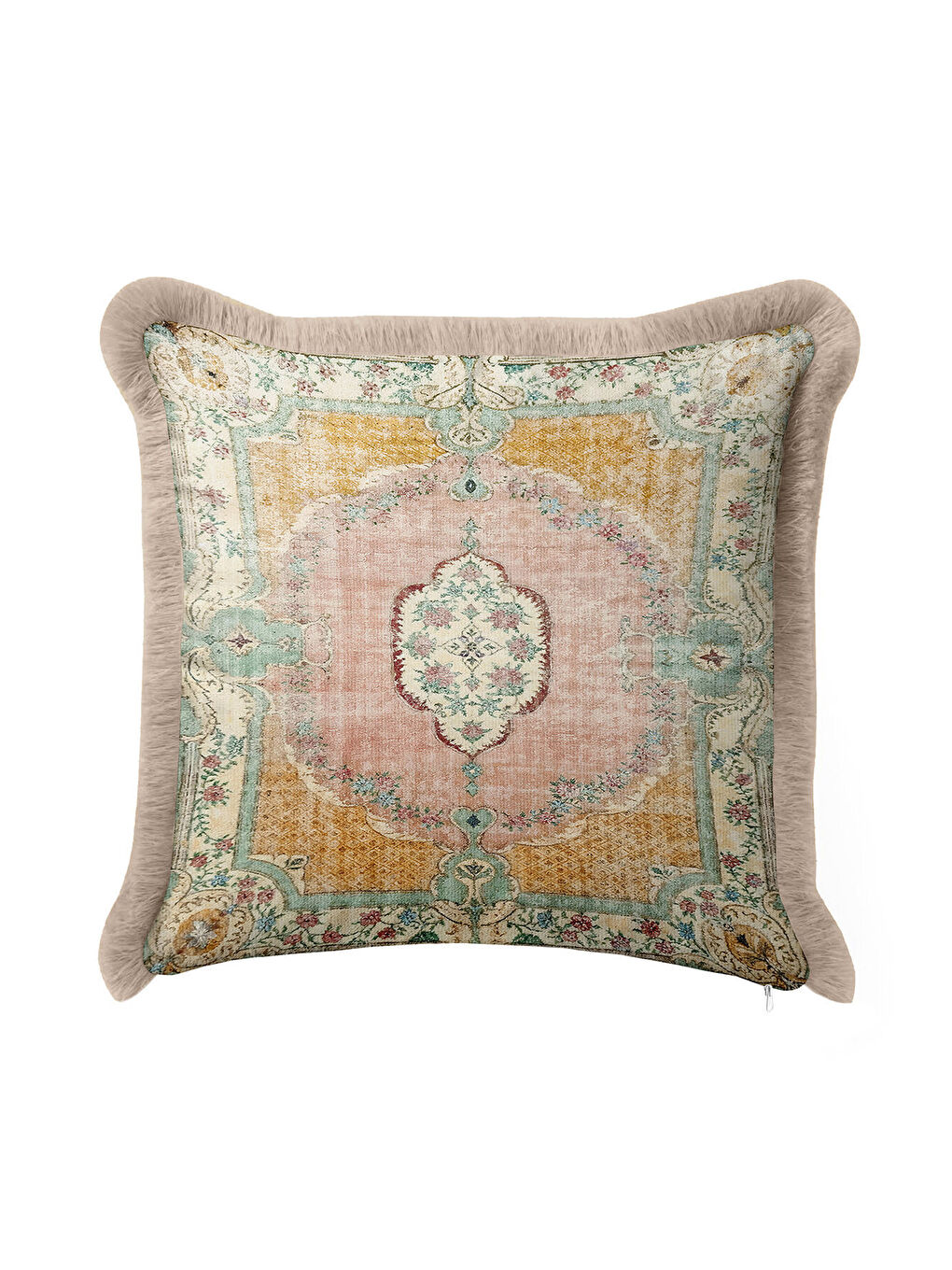 Karışık Saray Işıltılı Saçaklı Yastık Kılıfı - Vintage Halı Motifli Country Pastel Püsküllü Kırlent Kılıfı