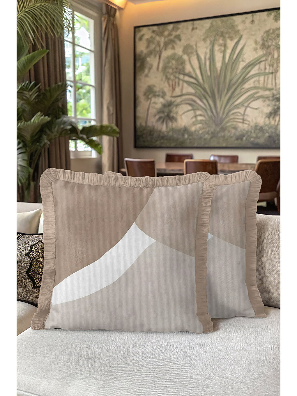 Karışık Lüks Geometrik Saçaklı Yastık Kılıfı - Modern Minimal Bej Gri Püsküllü Kırlent Kılıfı-5