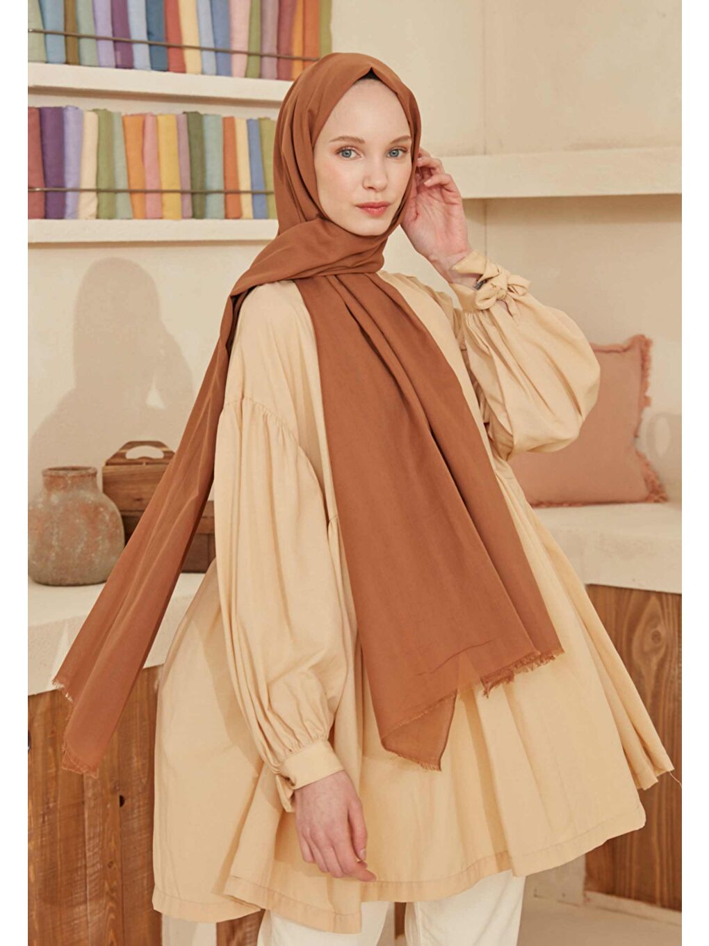 Kahverengi İnce Pamuk Vual Şal Bisküvi-1