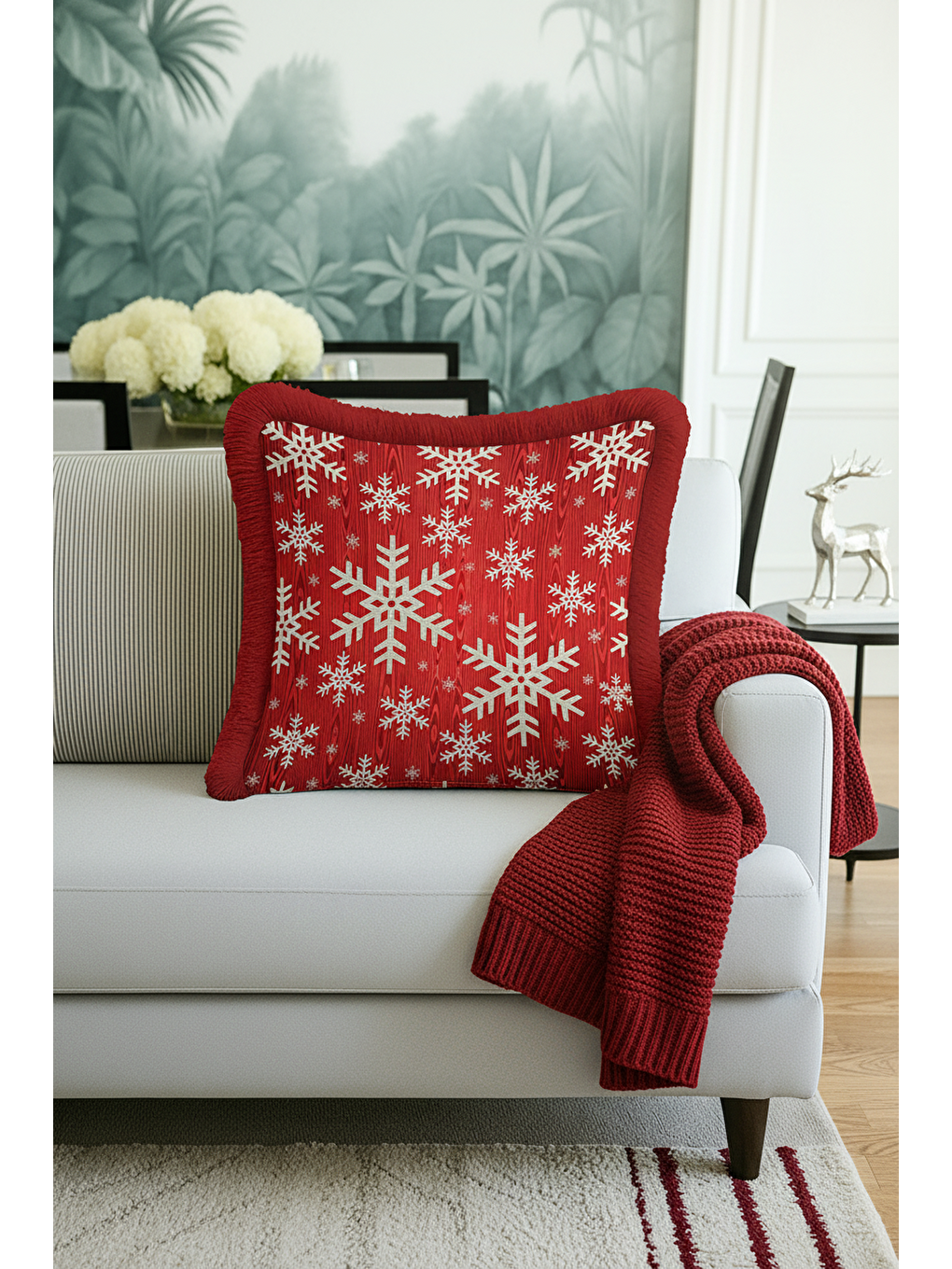 Karışık Kış Temalı Kar Tanesi Saçaklı Yastık Kılıfı - Kırmızı Yeni Yıl Rustik Beyaz Püsküllü Kırlent Kılıfı-4
