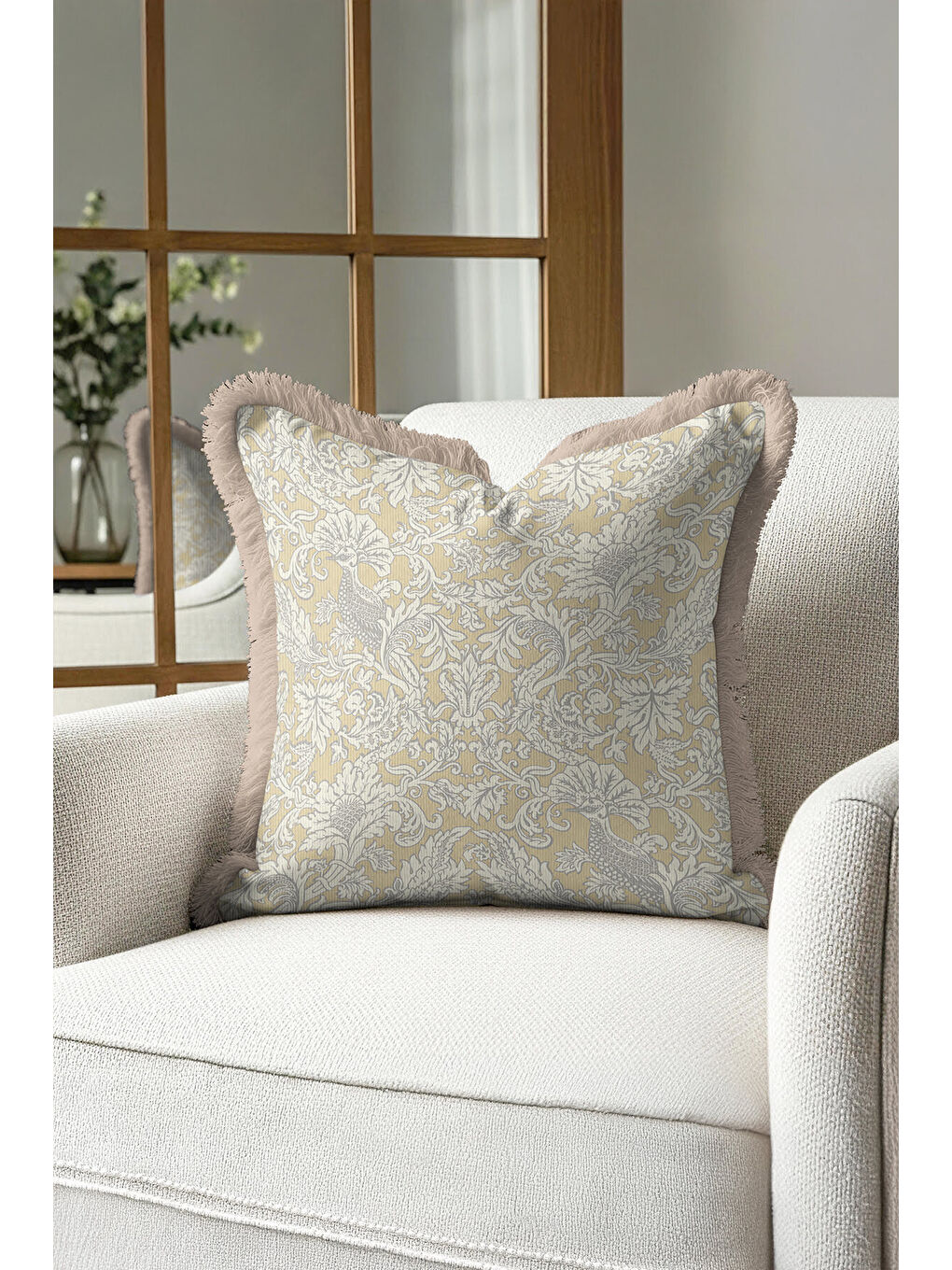 Karışık Barok Şıklık Saçaklı Yastık Kılıfı - Vintage Klasik Bohem Bej Altın Renkli Püsküllü Kırlent Kılıfı-3