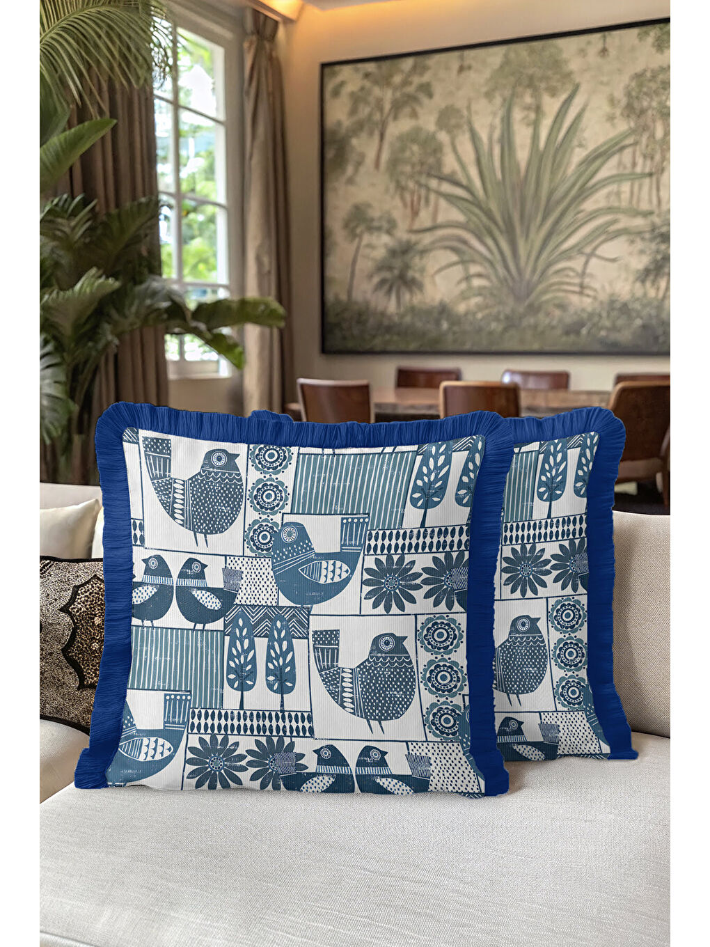 Karışık Modern Kuş Figürlü Saçaklı Yastık Kılıfı - İskandinav Doğal Mavi Püsküllü Kırlent Kılıfı-5