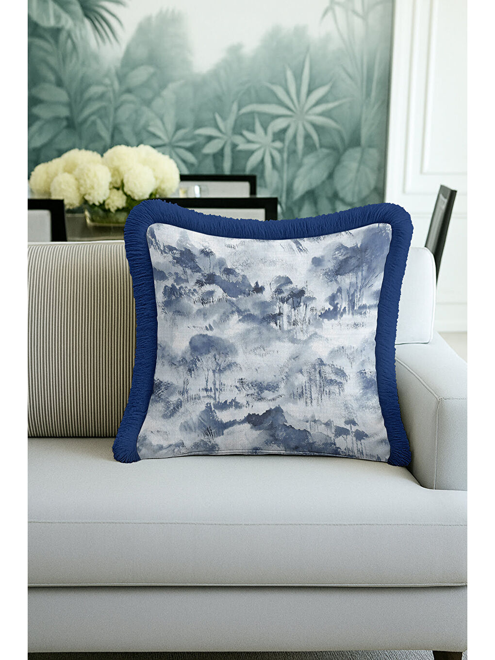 Karışık Lüks Marin Su Dalgası Saçaklı Yastık Kılıfı - Soyut Mavi Modern Antrasit Püsküllü Kırlent Kılıfı-2