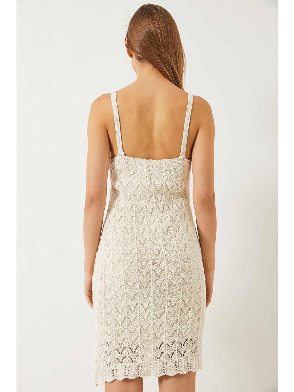 Ekru Kadın Askılı Astarlı Yazlık Triko Elbise-7