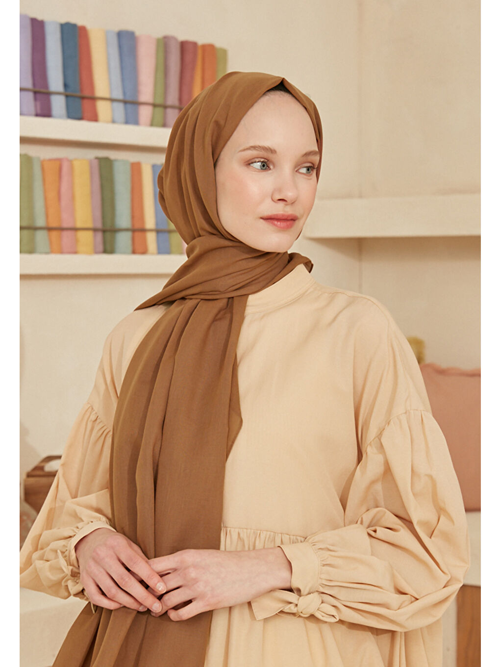 Kahverengi İnce Pamuk Vual Şal Bisküvi-4