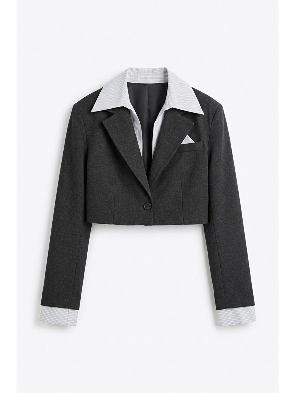 Gömlek Yaka Garnili Crop Blazer Ceket Antrasit-1