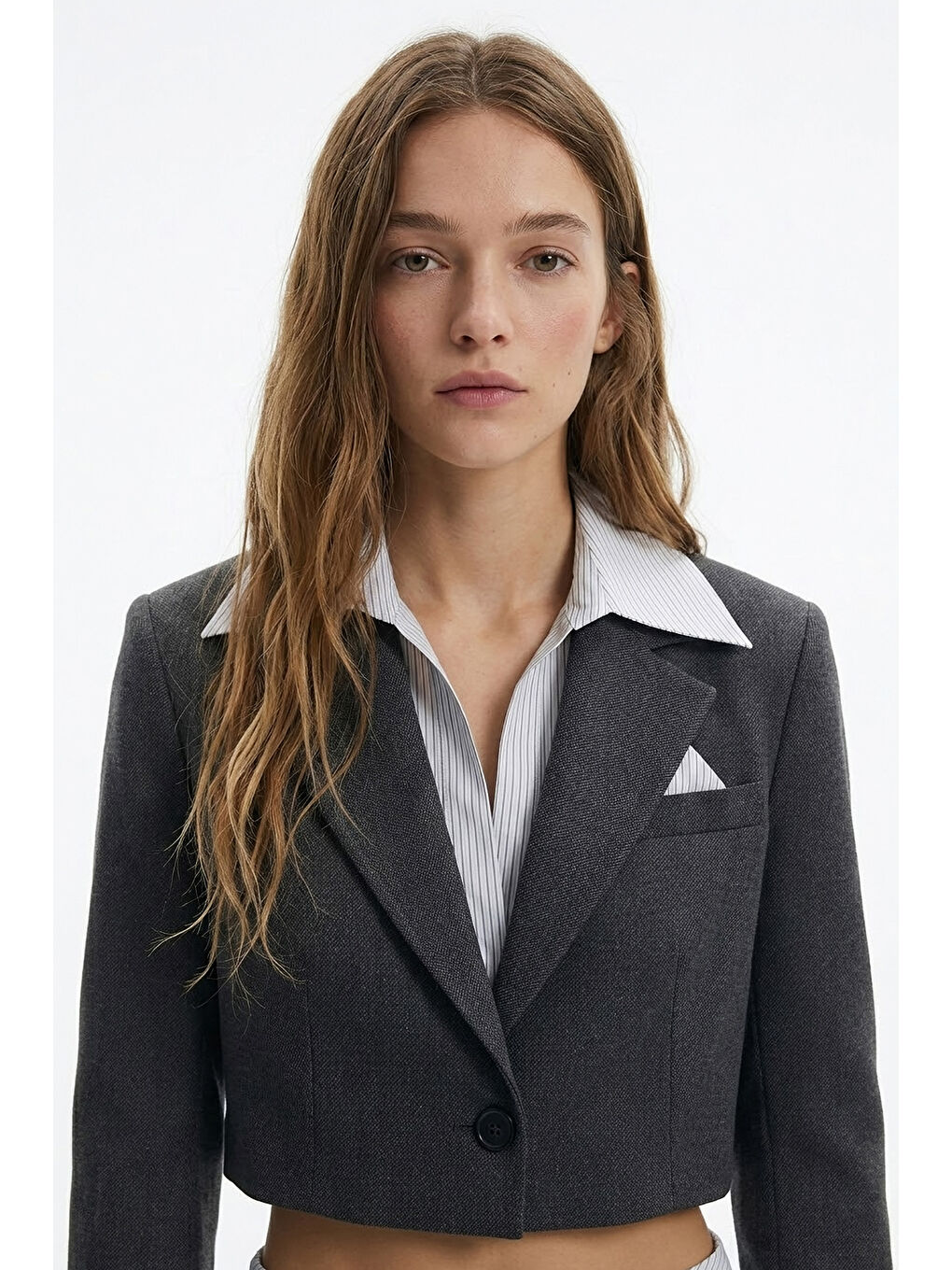 Gömlek Yaka Garnili Crop Blazer Ceket Antrasit-3