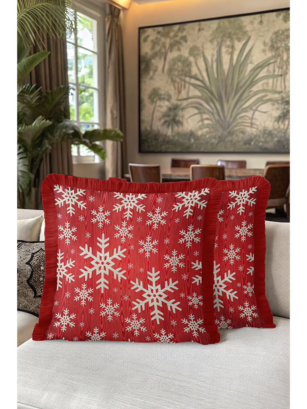 Karışık Kış Temalı Kar Tanesi Saçaklı Yastık Kılıfı - Kırmızı Yeni Yıl Rustik Beyaz Püsküllü Kırlent Kılıfı-5