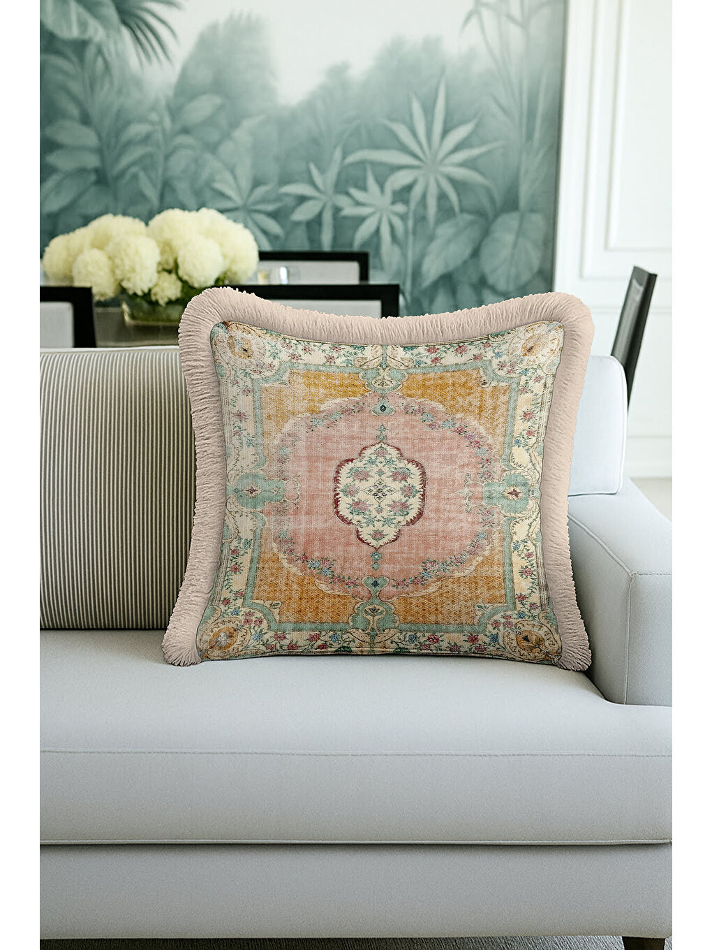Karışık Saray Işıltılı Saçaklı Yastık Kılıfı - Vintage Halı Motifli Country Pastel Püsküllü Kırlent Kılıfı-1