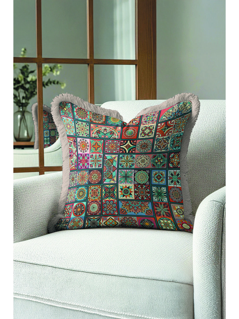 Karışık Mozaik Patchwork Saçaklı Yastık Kılıfı - Mandala Etnik Enerjik Mavi Püsküllü Kırlent Kılıfı-2