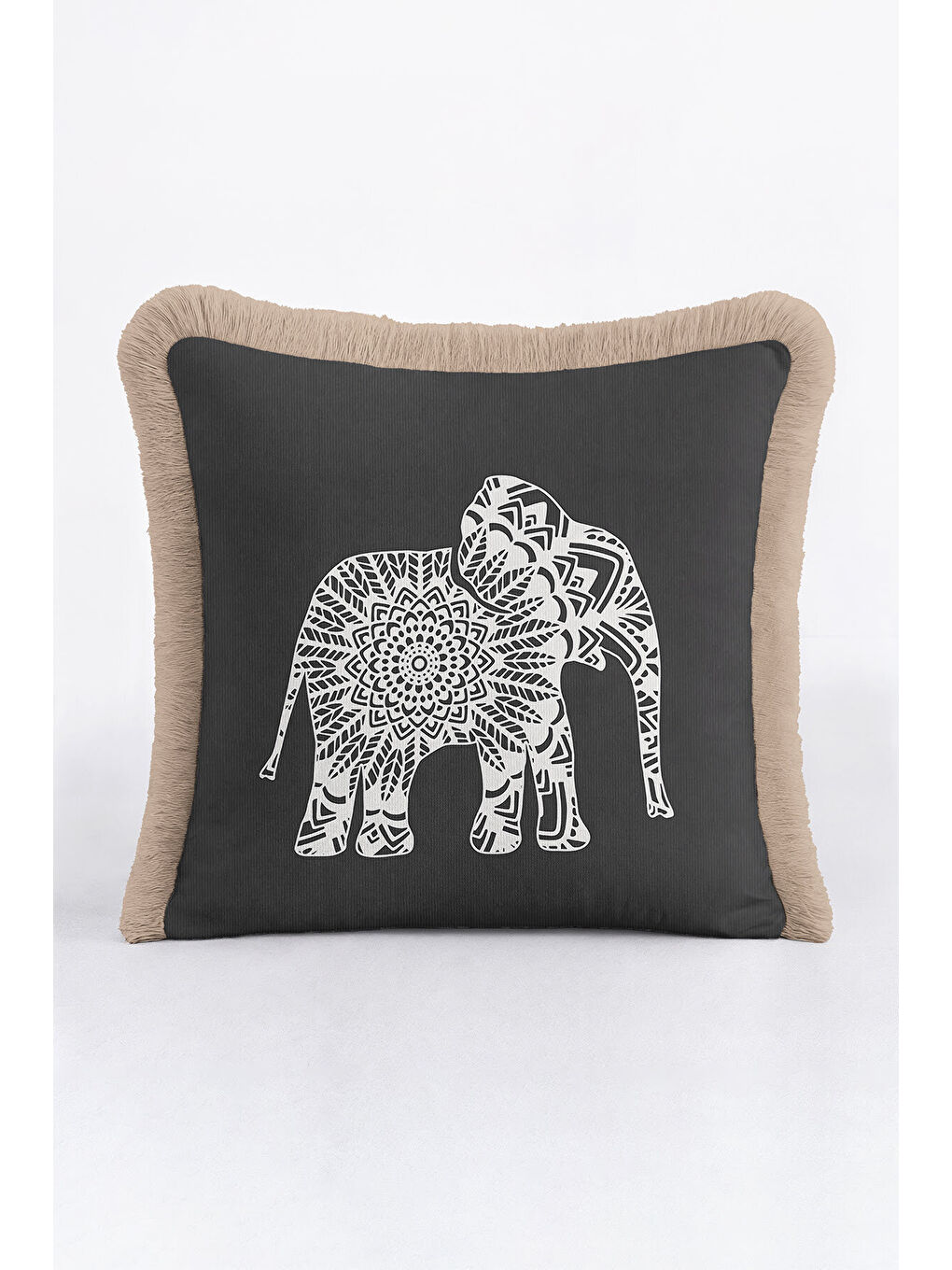 Karışık Boho Hint Mandala Fil Saçaklı Yastık Kılıfı - Etnik Asya Antrasit Bej Püsküllü Kırlent Kılıfı